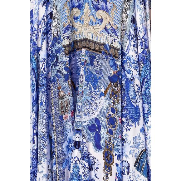 CAMILLA LONG DDRESS WITH TIE FRONT BLUE PROVICIAL PRINT 100% SILK CRYSTAL SZ 8 - Picture 5 of 7